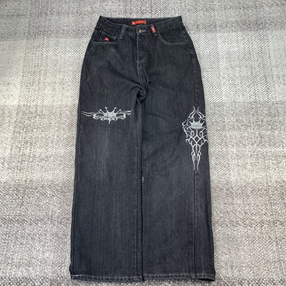 REP JNCO Jeans Wide Leg Baggy Mens L Black Tribal Crown Embroidered Y2K 90s